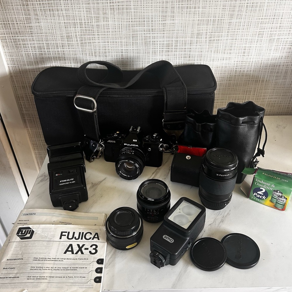 Fujica AX-3 Camera w/ Case 2 Lenses Computer Flash Tele Converter Videolite HHH